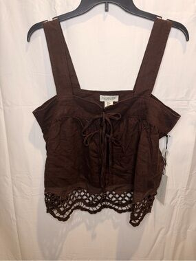 Rachel Zoe Dark Brown Lace-Up Crochet Hem Tank